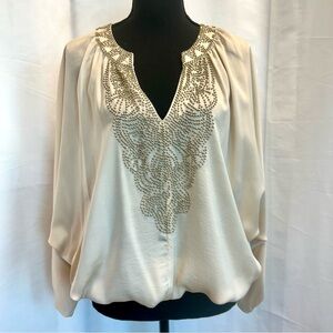 BEBE cream blouse with gold beadwork embellished bat sleeves V-neck Sz S